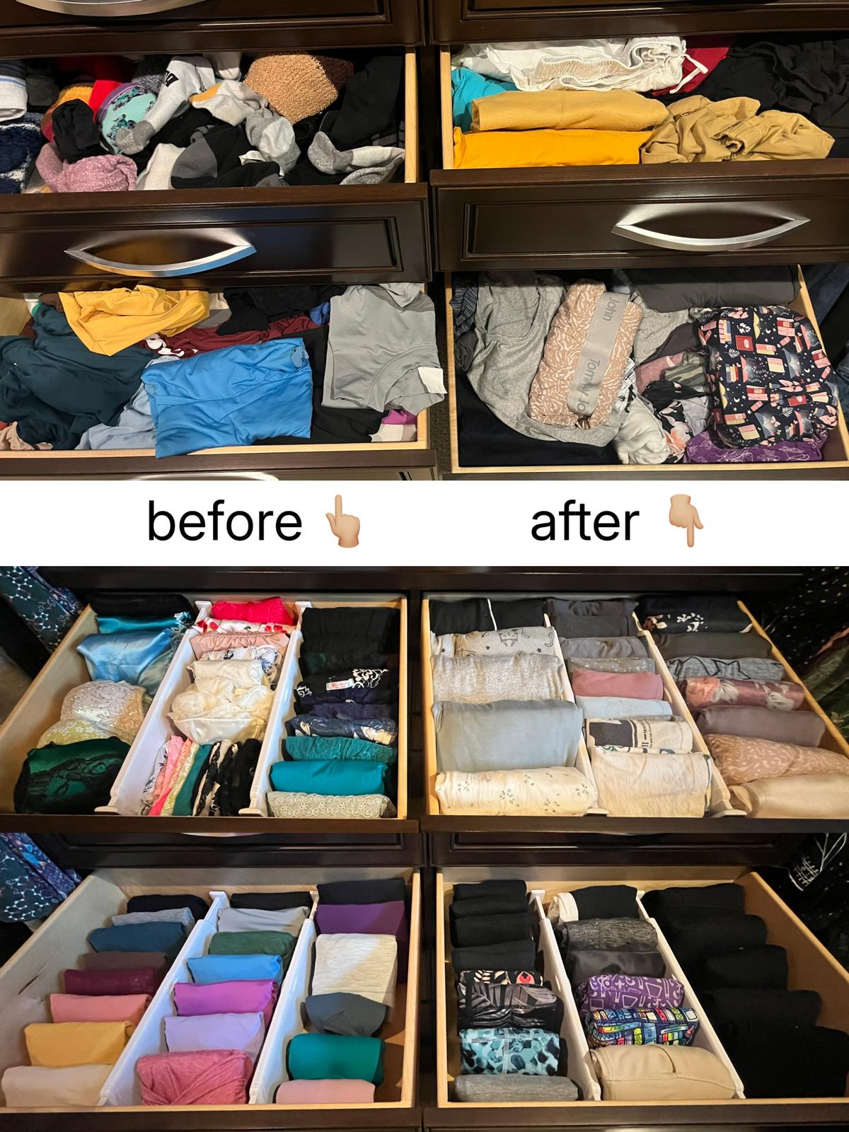 A two-part composite of chest-of-drawer interiors: above, garments loose and piled; below, the same drawers with everything folded upright in rows and dividers.