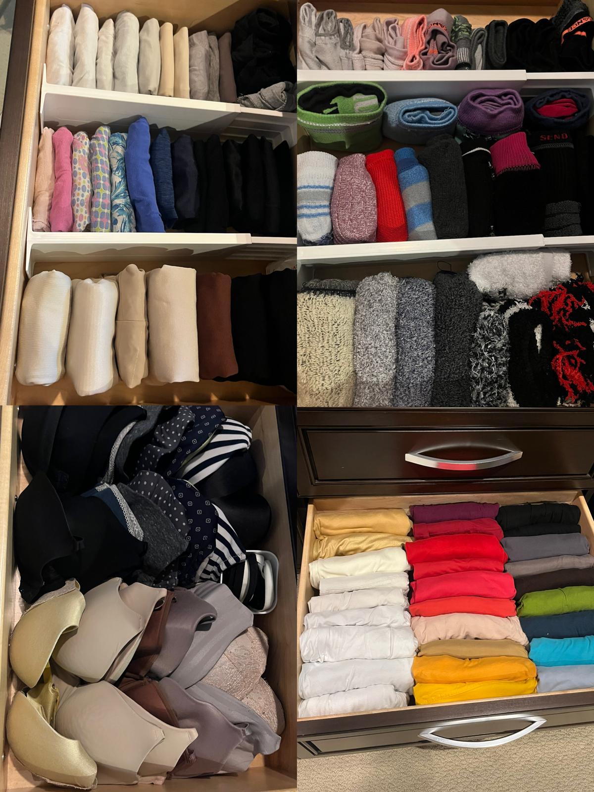 A four-panel composite of drawer interiors: socks, underwear and folded garments separated into compartments by white dividers.