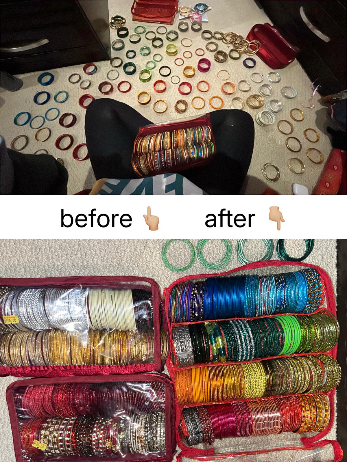 Above, dozens of bangles and rings scattered loose across a carpet; below, the same jewellery packed into zipped fabric cases in bands of colour.